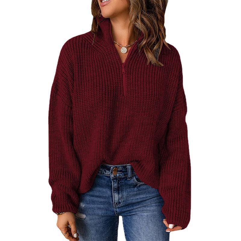 Damen Grobstrickpullover mit Stehkragen und Reißverschluss R&B