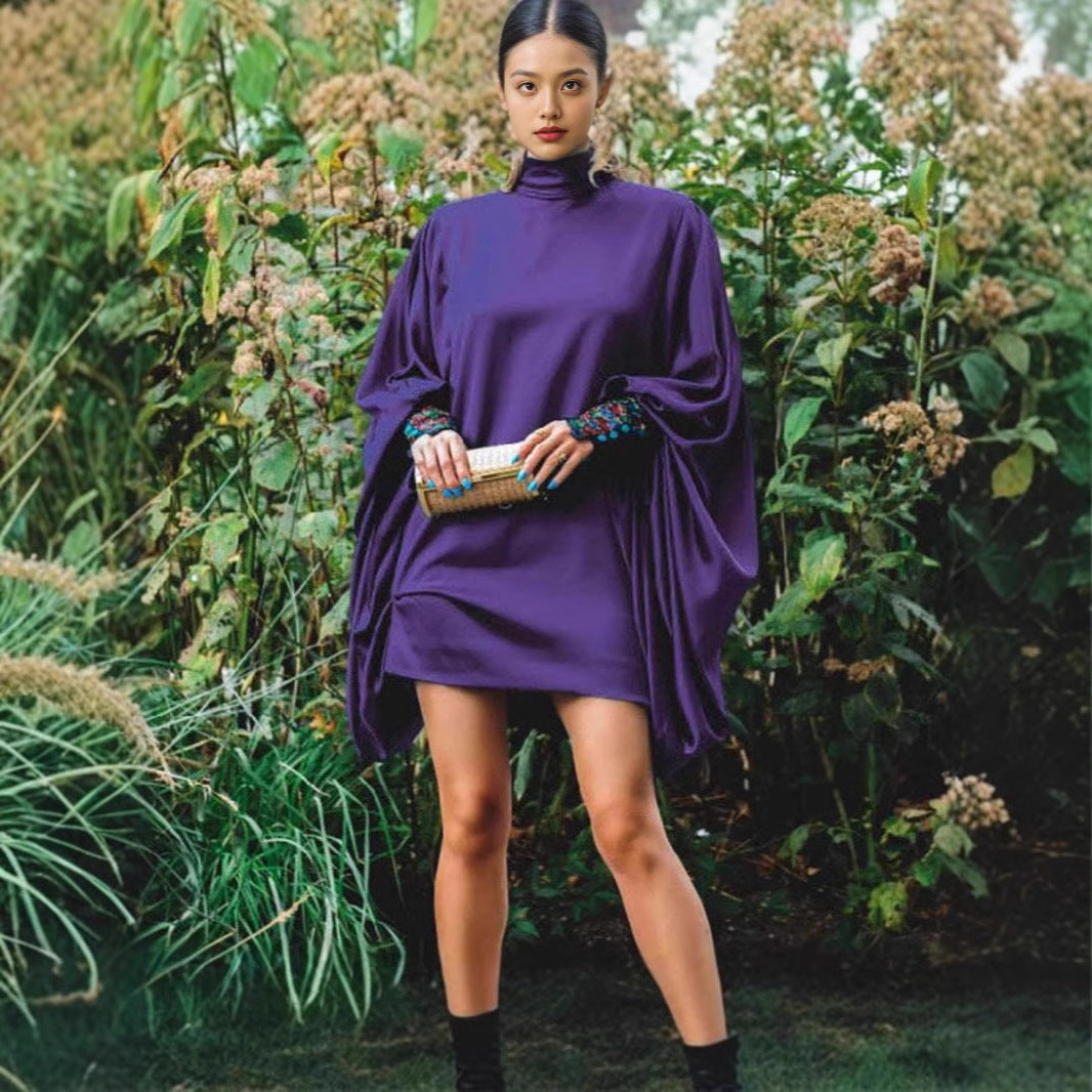 Damen modisches Übergröße Minikleid mit voluminösen Ärmeln und elegantem Stehkragen R&B