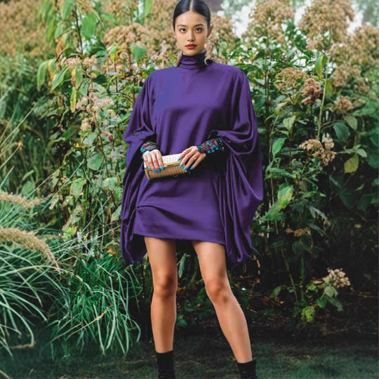 Damen modisches Übergröße Minikleid mit voluminösen Ärmeln und elegantem Stehkragen R&B