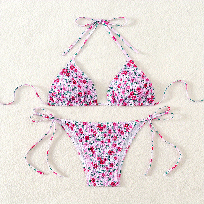 Damen Triangel-Bikini-Set mit verspielter Raffung und hübschem Blumenmuster R&B