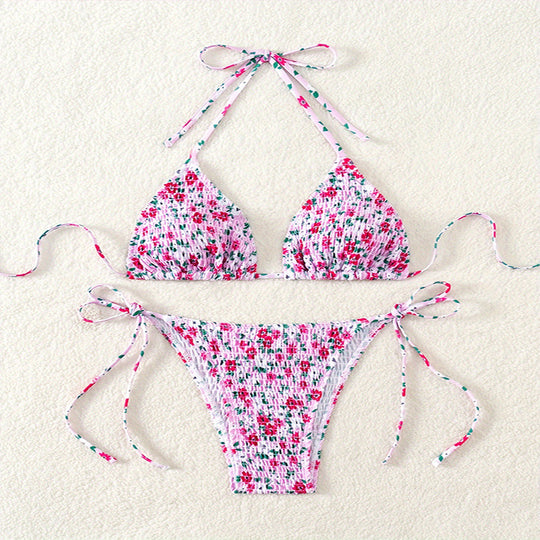 Damen Triangel-Bikini-Set mit verspielter Raffung und hübschem Blumenmuster R&B