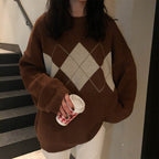 Damen Grobstrickpullover mit modernem Karomuster und lässigem Oversized-Schnitt
