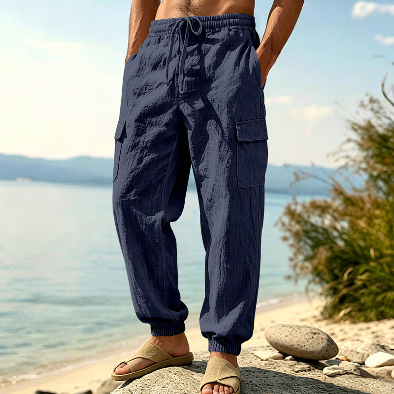 Herren nan leichte Cargo-Joggerhose aus Leinenmischung mit elastischem Tunnelzugbund, aufgesetzten Klappentaschen und gerippten Beinabschlüssen R&B