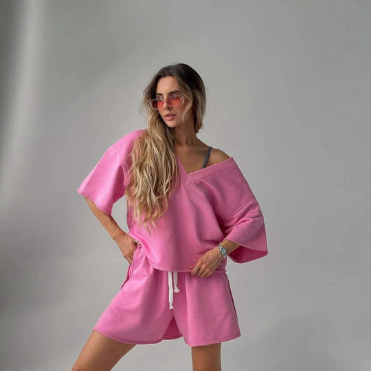 Damen lässiges Lounge-Set mit oversized Oberteil und Shorts R&B