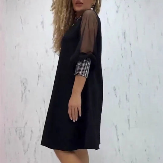 Damen nan A-Linien-Kurzkleid mit transparenten Mesh-Ärmeln und schmuckbesetztem Kragen R&B