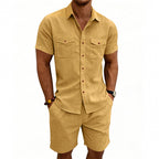 Herren nan strukturiertes Cord-Freizeitset mit Camp-Kragen-Hemd und lässigen Shorts R&B