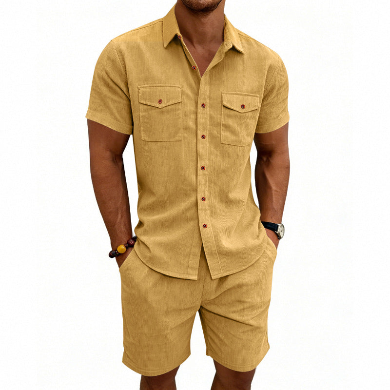 Herren nan strukturiertes Cord-Freizeitset mit Camp-Kragen-Hemd und lässigen Shorts R&B