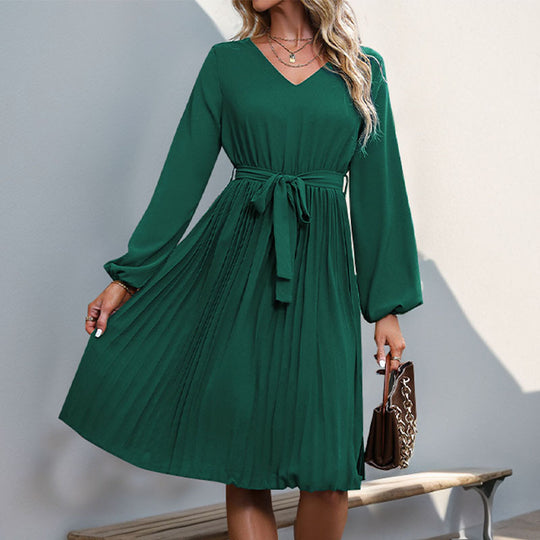 Damen Plissiertes Wickelkleid mit Taillengürtel und langen Ärmeln R&B