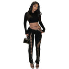 Damen Crop-Top und Hoch geschnittene Leggings mit Schnürdetails R&B