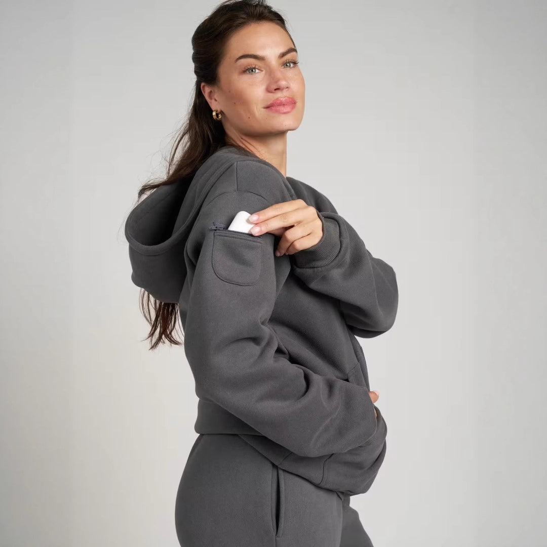 Damen sportlicher Fleece-Jogginganzug mit hochgeschlossenem Reißverschluss und elastischem Bund R&B