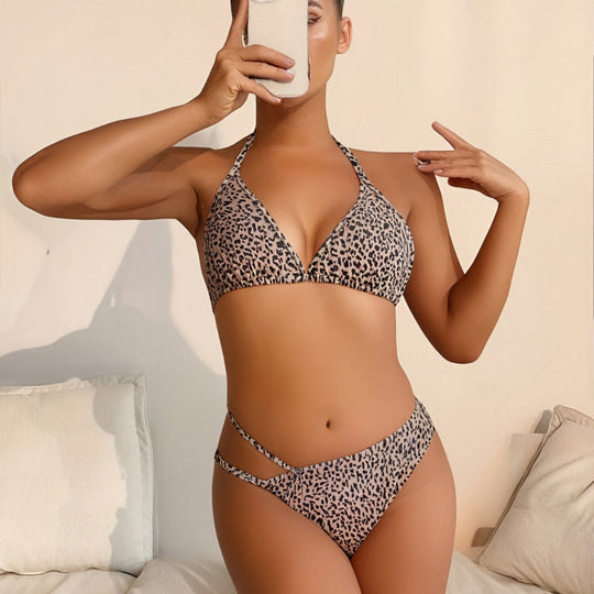 Damen Triangel-Bikini mit verstellbaren Trägern und modischem Leopardenmuster R&B