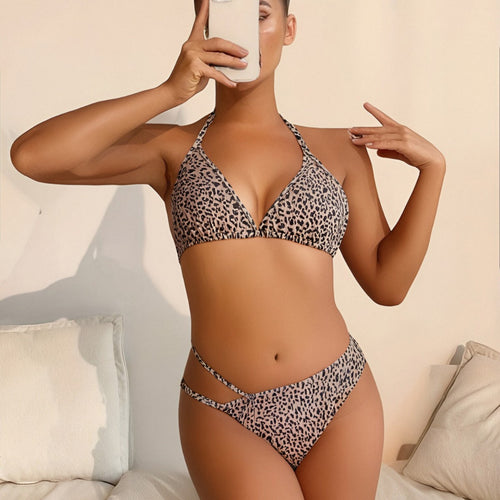 Damen Triangel-Bikini mit verstellbaren Trägern und modischem Leopardenmuster R&B