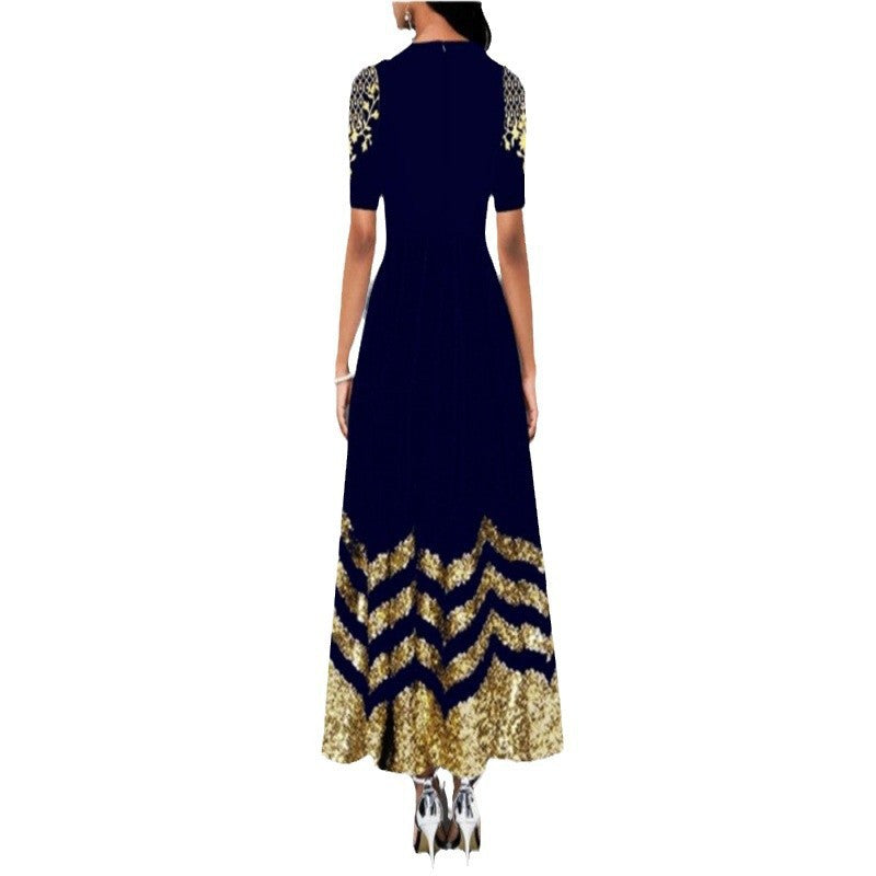 Damen Maxikleid mit kunstvollem Goldstickdesign und elegantem Zickzackmuster R&B