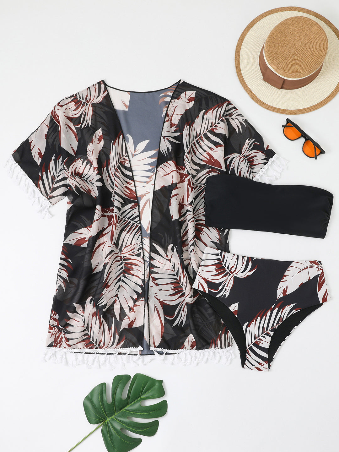 Damen elegantes Strandoutfit mit floralem Überwurf und passendem Bikini R&B