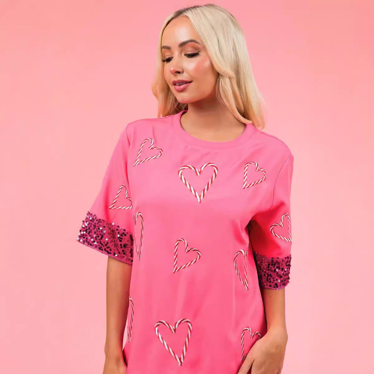 Damen Relaxed Fit T-Shirt mit Glitzerärmeln und Herzmotiv R&B