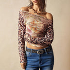 Damen nan figurbetontes Tüll-Longsleeve mit Animal- und Blumenprint, Carmen-Ausschnitt und seitlicher Raffung R&B