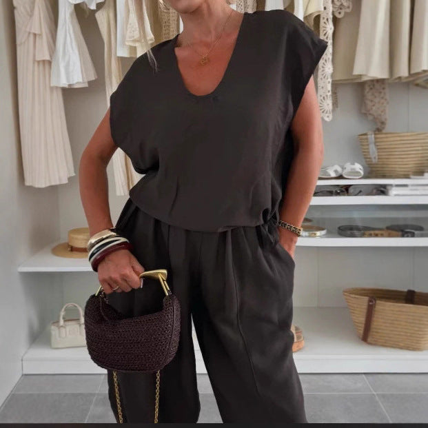Damen lässiger Jumpsuit mit elastischem Bund und praktischen Taschen R&B