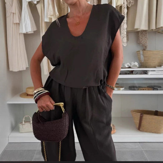 Damen lässiger Jumpsuit mit elastischem Bund und praktischen Taschen R&B