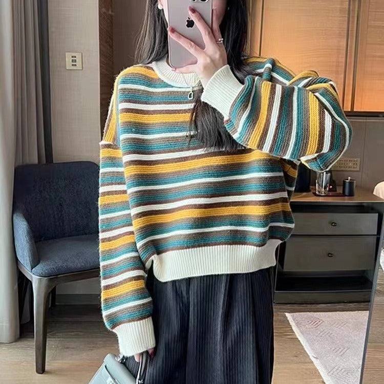 Damen gestreifter Pullover mit weitem Schnitt und modischen Details R&B