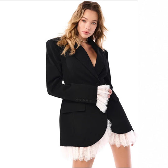 Damen nan längerer taillierter Blazer-Mantel mit Reverskragen und Pattentaschen R&B