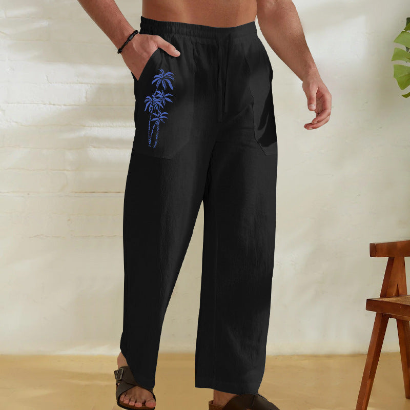 Herren Bequeme Leinenhose mit praktischem Kordelzug und Palmendruck R&B