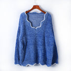 Damen lässiger Strickpullover mit weitem V-Ausschnitt und asymmetrischem Saum R&B