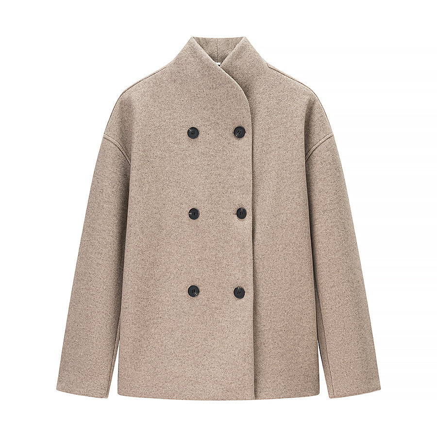 Damen Oversized Wolljacke mit doppelter Knopfleiste und modernem Stehkragen R&B