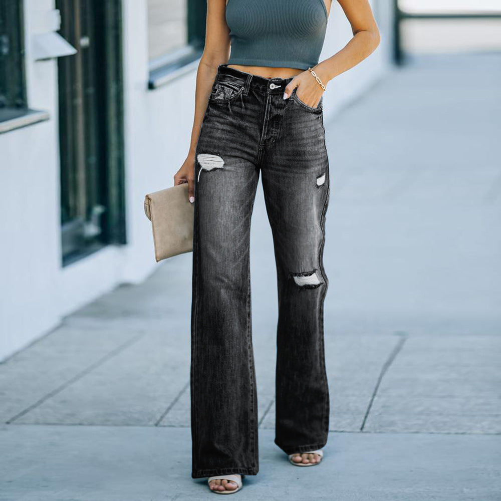 R&B | Jeans Hohe Taille Lockere Passform Weite Beine Used Denim Volle Länge