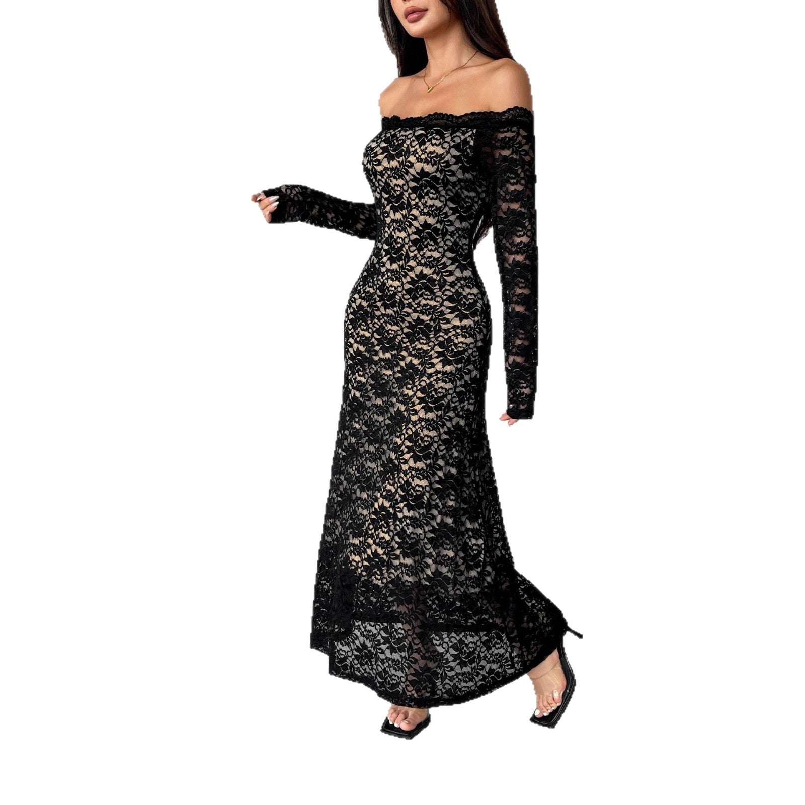 Damen nan schulterfreies Spitzenmidikleid mit feiner floraler Spitze, gefütterter Innenlage und tailliertem Schnitt R&B