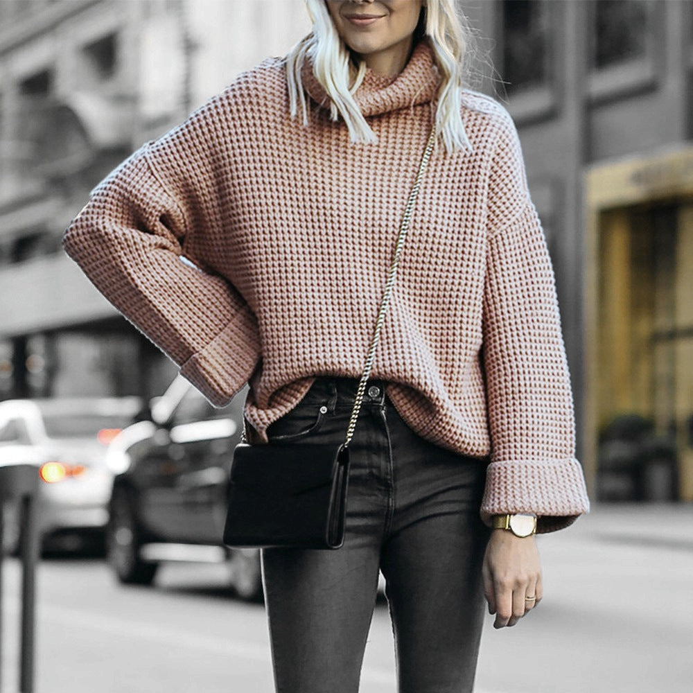 Damen Oversized Strickpullover mit hohem Kragen und strukturiertem Wabenmuster R&B
