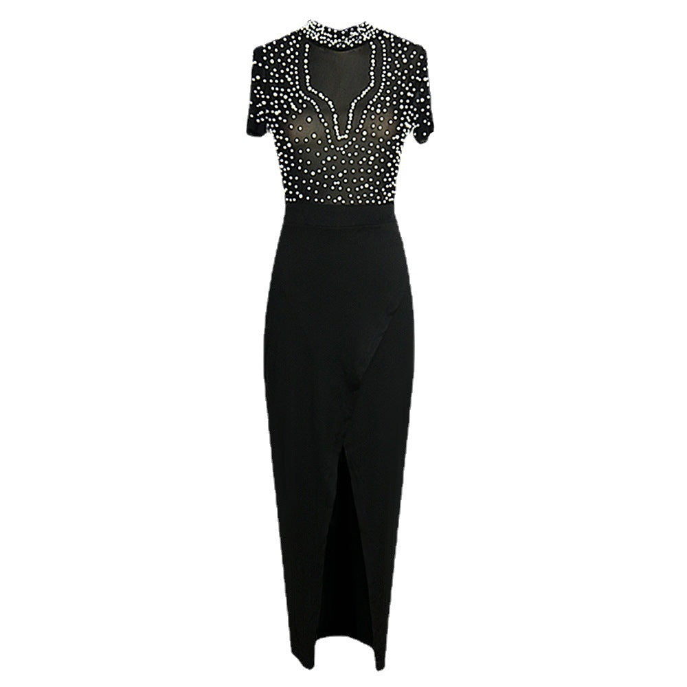 Damen elegantes Maxikleid mit transparentem Oberteil und schimmernden Perlen R&B