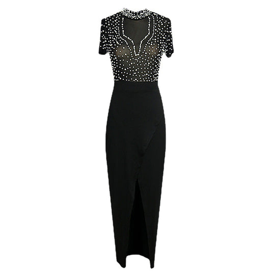 Damen elegantes Maxikleid mit transparentem Oberteil und schimmernden Perlen R&B