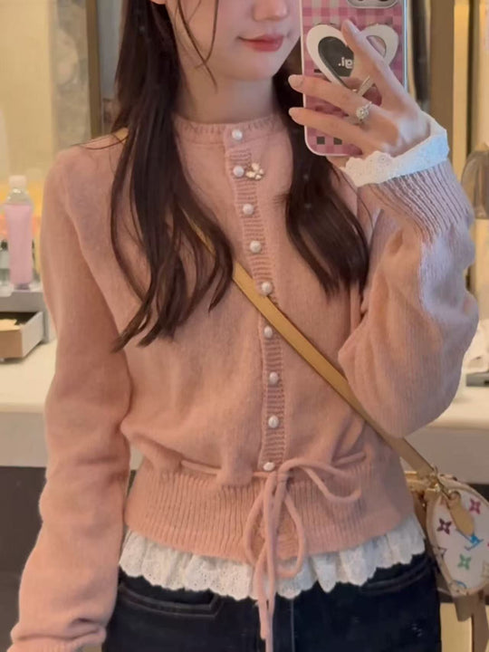 Damen kuscheliger Strickjacke mit fransigen Details und Bändchen R&B