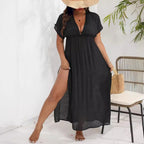 Damen luftiges Maxikleid mit tiefem V-Ausschnitt und seitlichen Schlitzen R&B