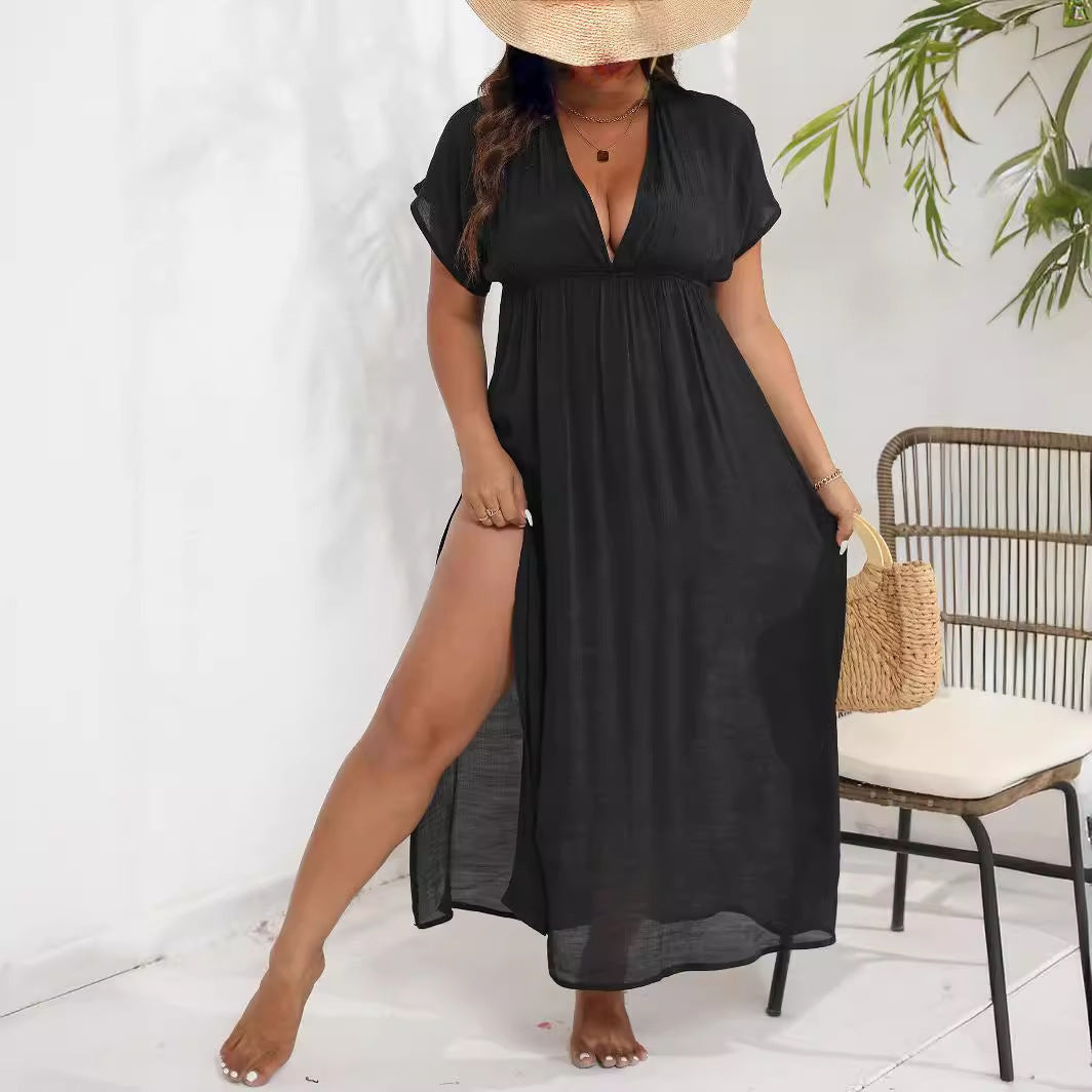 Damen luftiges Maxikleid mit tiefem V-Ausschnitt und seitlichen Schlitzen R&B