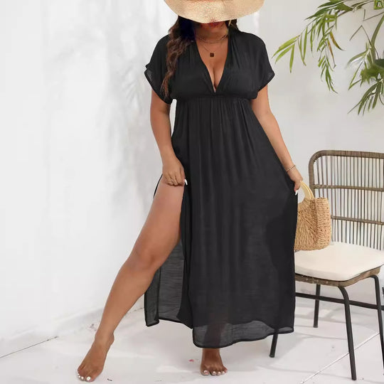 Damen luftiges Maxikleid mit tiefem V-Ausschnitt und seitlichen Schlitzen R&B