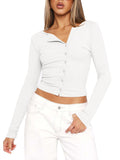 Damen figurbetontes Langarmshirt mit Knopfleiste und V-Ausschnitt R&B