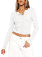 Damen figurbetontes Langarmshirt mit Knopfleiste und V-Ausschnitt R&B
