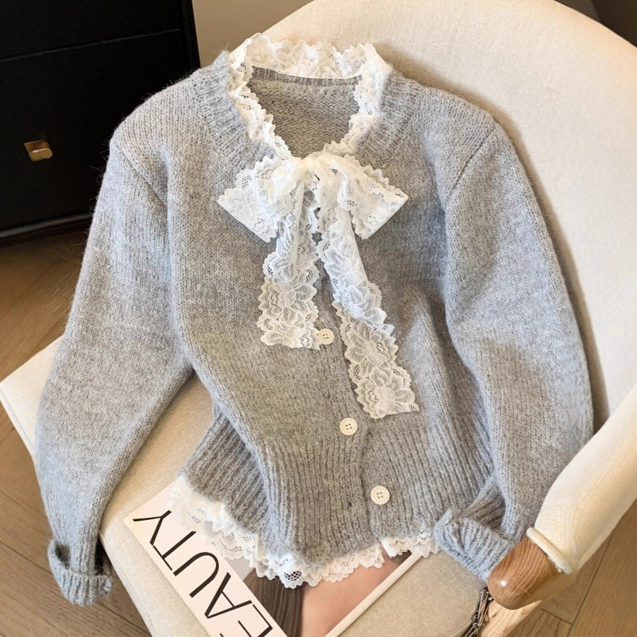 Damen Strickcardigan mit Lagenlook und Spitzenkragen R&B