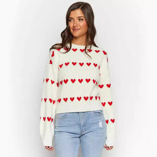 Damen Strickpullover mit Herzmuster und lässigem Schnitt R&B