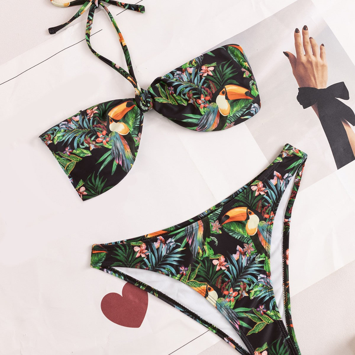Damen Bandeau-Bikini mit tropischem Blütenmuster