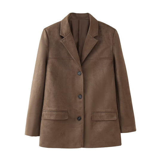 Damen Casual Blazerjacke aus hochwertigem Kunstleder mit eleganten Taschen R&B
