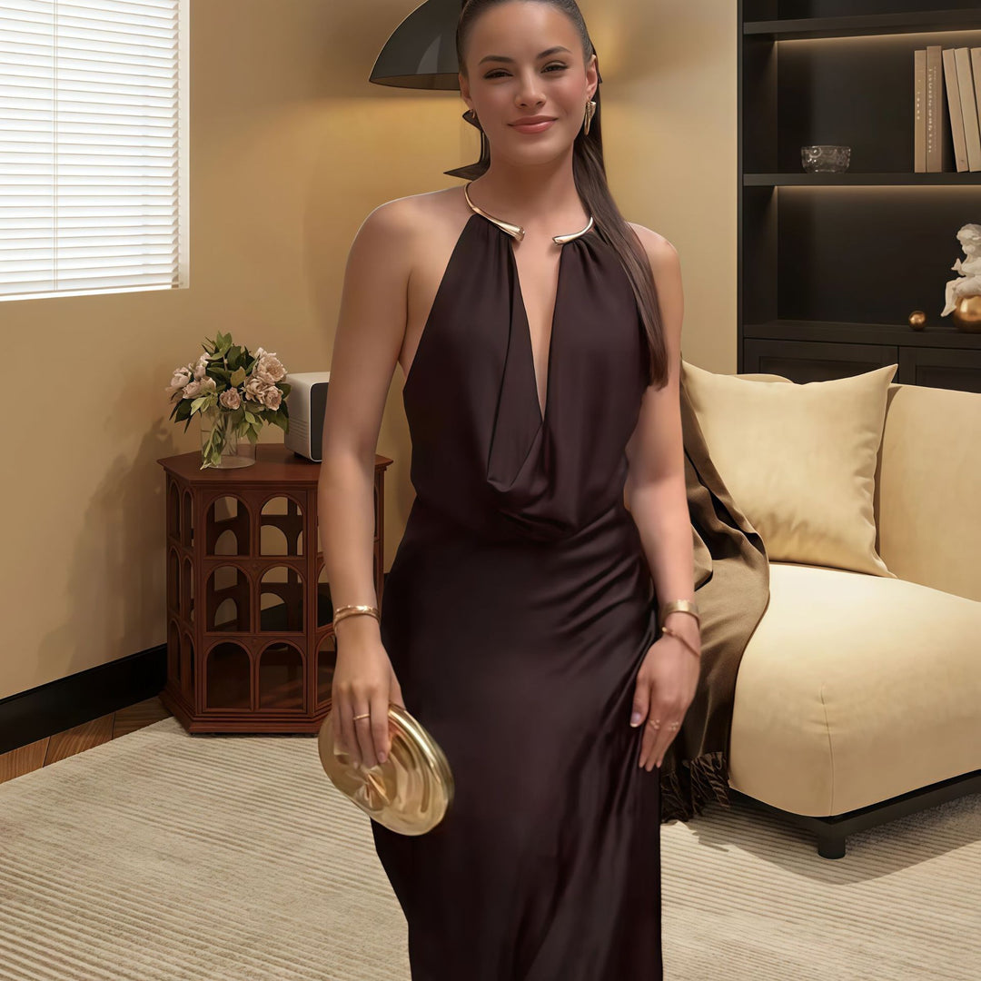 Damen Elegantes Maxikleid mit Drapierung und tiefem V-Ausschnitt R&B