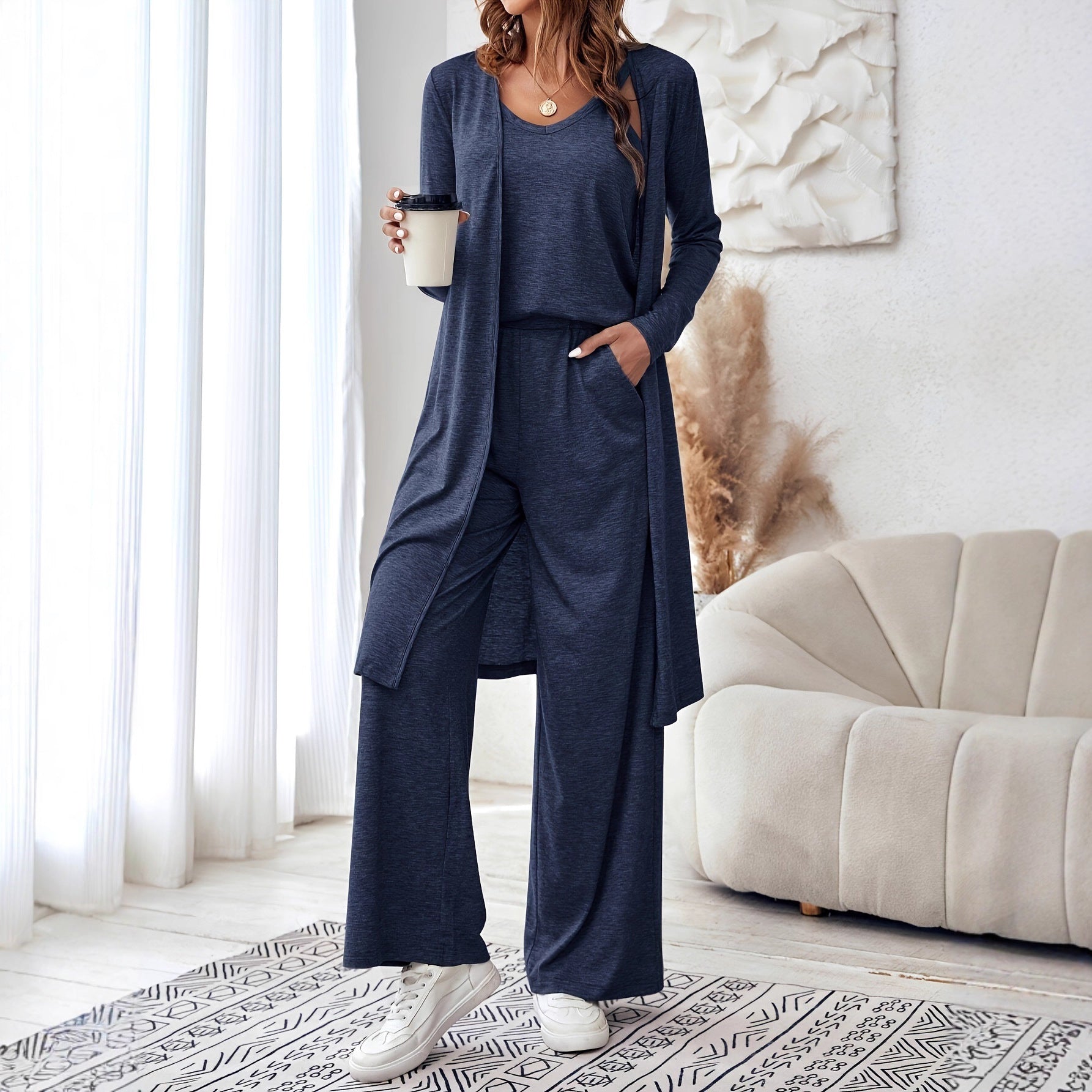 Damen Freizeit-Set mit weichem Langarm-Kimono und bequemen Hosen R&B