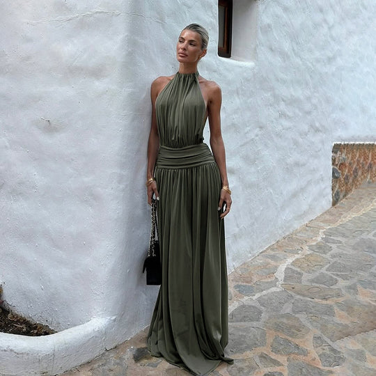 Damen elegantes Maxikleid mit hochwertigem Halterneck-Design und fließendem Stoff R&B