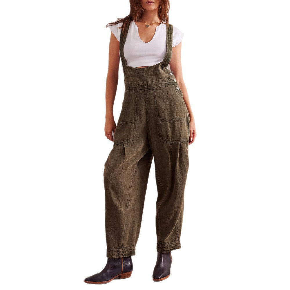 Damen lässiger Denim Overall mit tiefem V-Ausschnitt und praktischen Taschen R&B