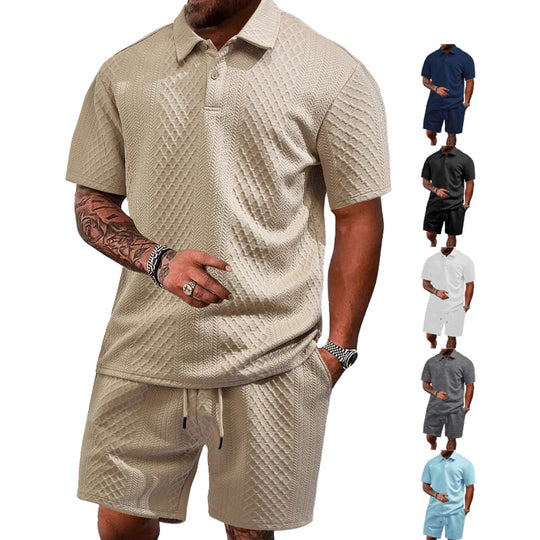 Herren nan strukturiertes Poloshirt- und Bermudashorts-Set aus gesteppter Baumwollmischung R&B
