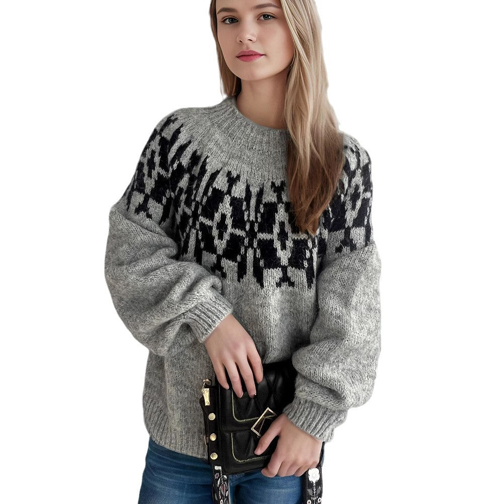 Damen Strickpullover mit voluminösen Ärmeln und modernem Muster R&B