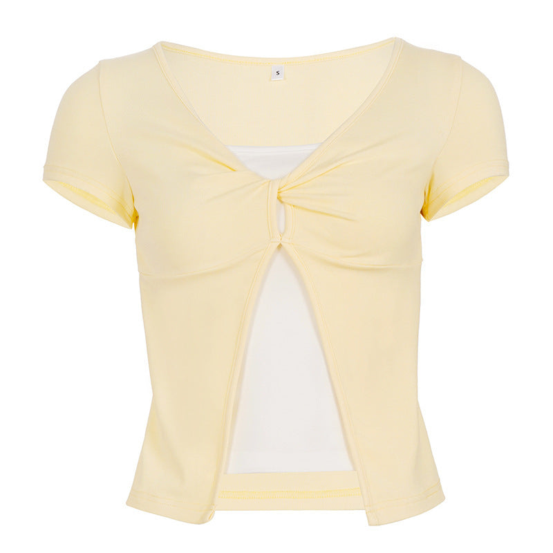 Damen Süßes kurzes T-Shirt mit Knoten-Design und Cut-out-Details R&B