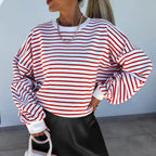 Damen lässiges gestreiftes Sweatshirt mit Boxy-Schnitt und kontrastierenden Abschlüssen R&B